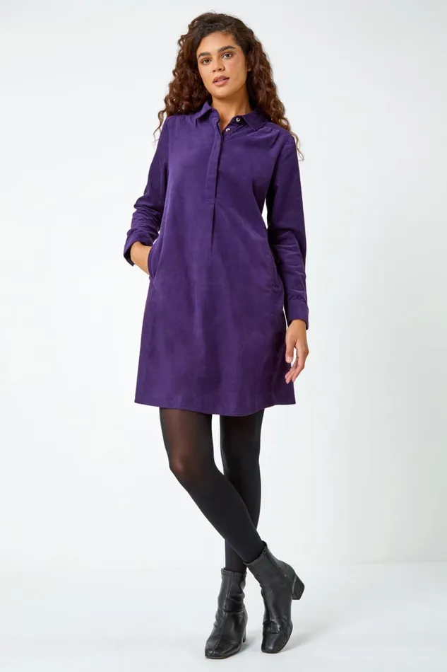 Purple Corduroy Tunic Shirt Dress Women Roman Dresses