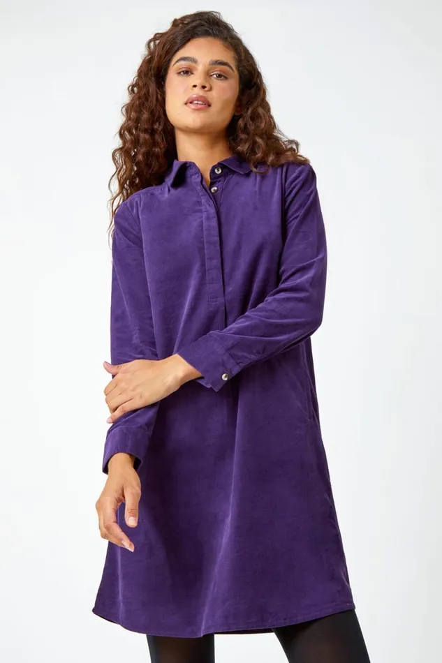 Purple Corduroy Tunic Shirt Dress Women Roman Dresses