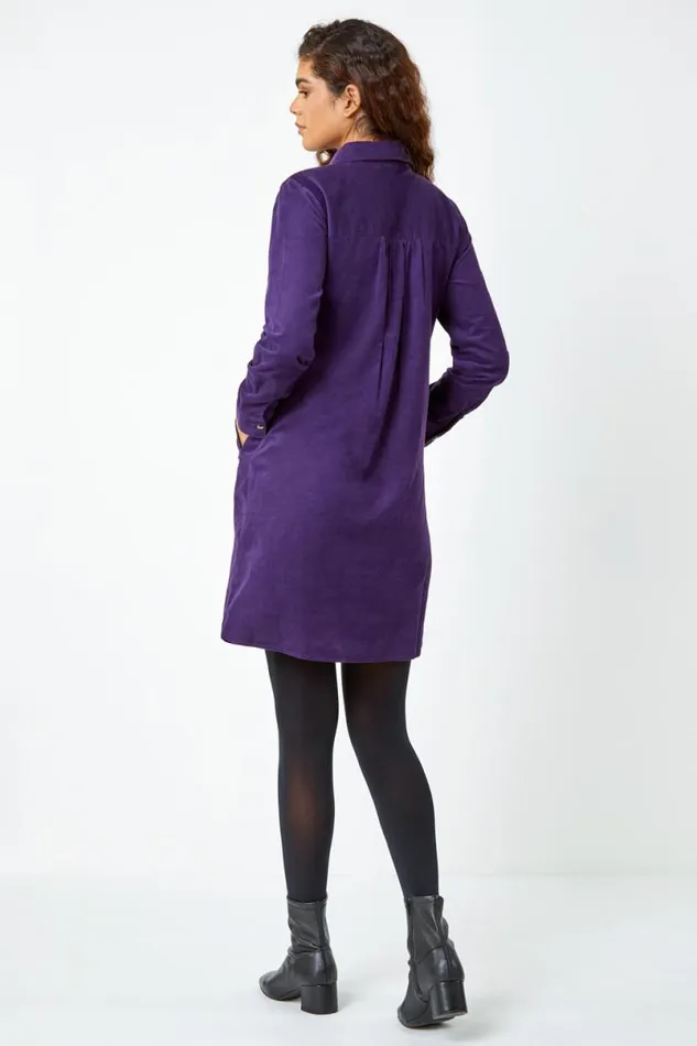 Purple Corduroy Tunic Shirt Dress Women Roman Dresses