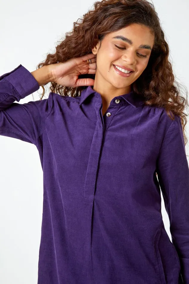 Purple Corduroy Tunic Shirt Dress Women Roman Dresses