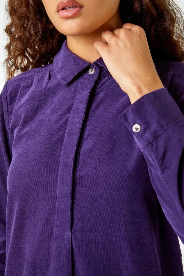 Purple Corduroy Tunic Shirt Dress Women Roman Dresses