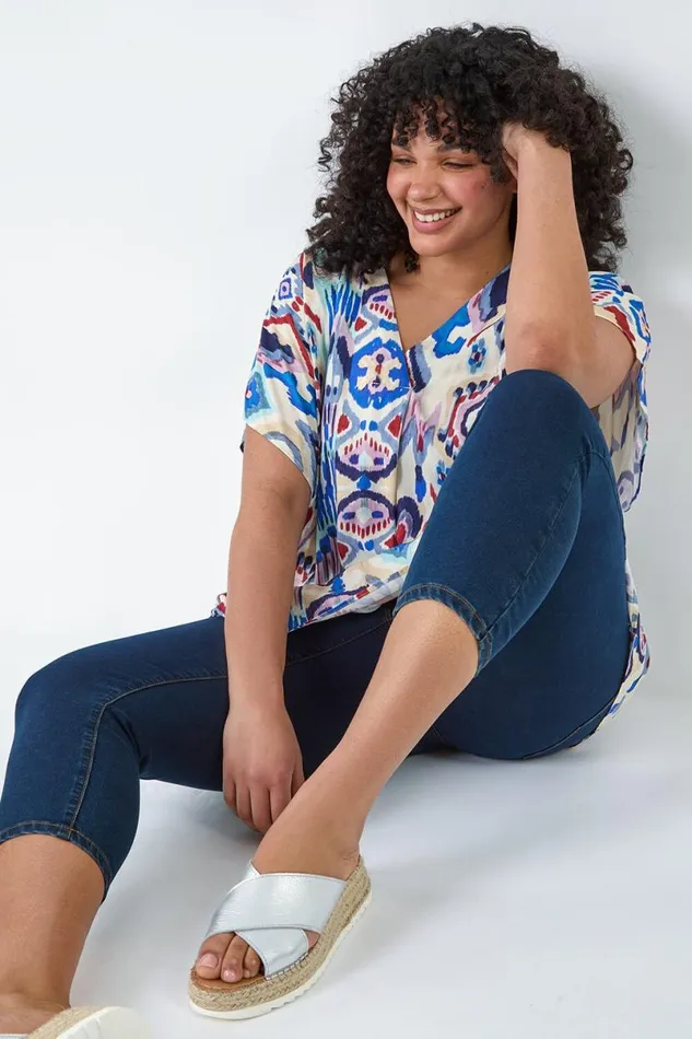 Purple Curve Aztec Print VNeck Pleat Front Top Women Roman Tops
