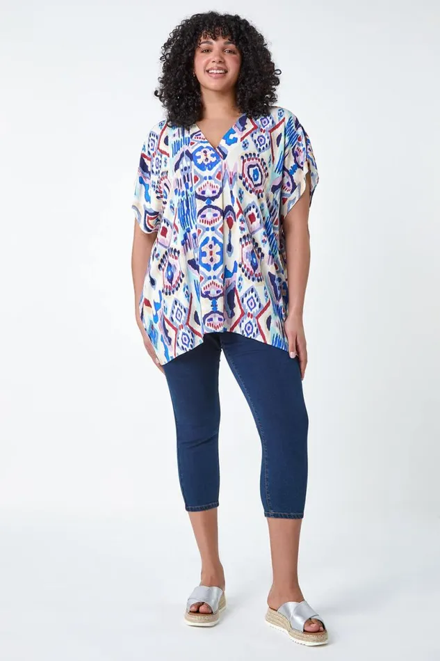 Purple Curve Aztec Print VNeck Pleat Front Top Women Roman Tops