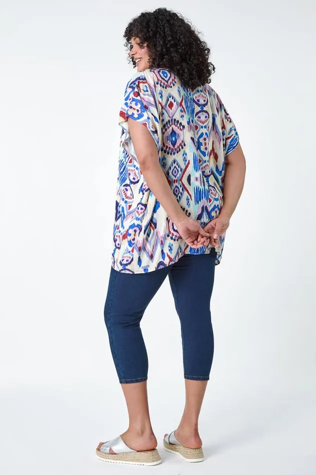 Purple Curve Aztec Print VNeck Pleat Front Top Women Roman Tops