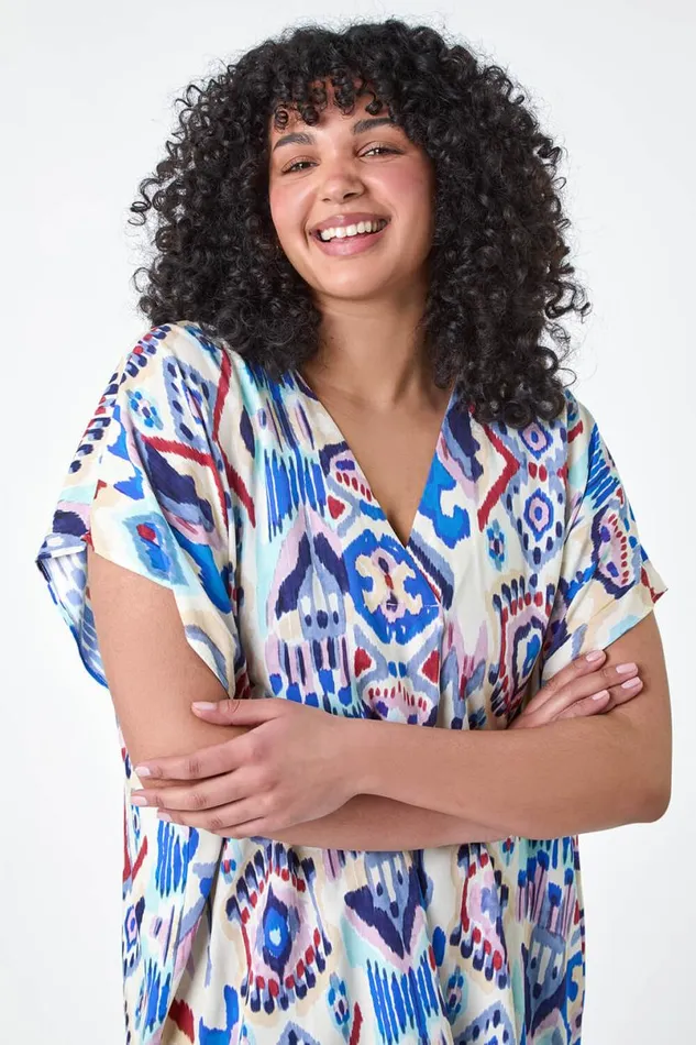 Purple Curve Aztec Print VNeck Pleat Front Top Women Roman Tops