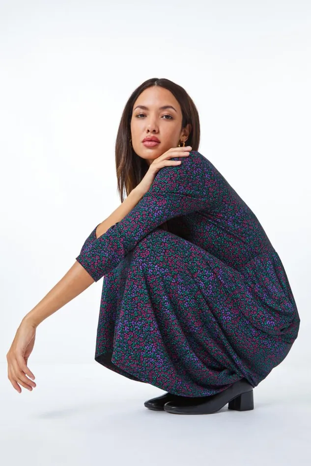 Purple Ditsy Floral Print Maxi Dress Women Roman Dresses