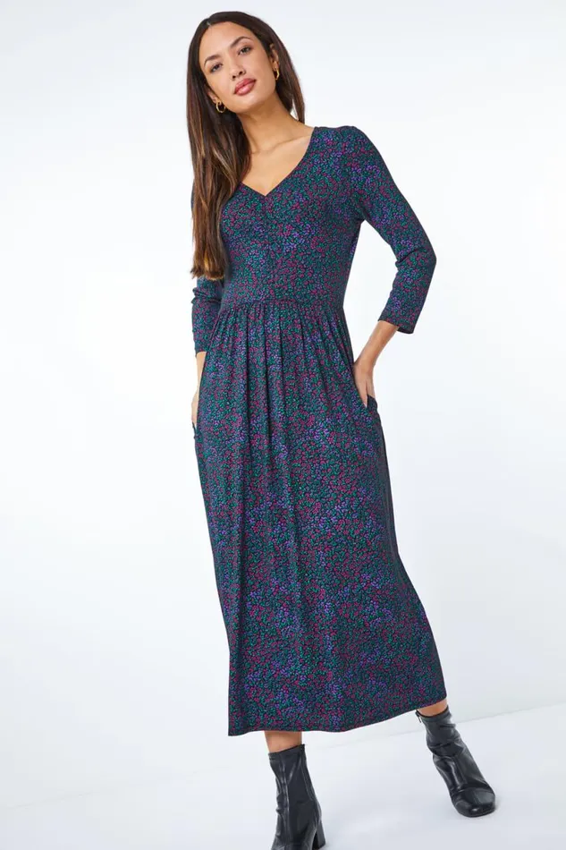 Purple Ditsy Floral Print Maxi Dress Women Roman Dresses