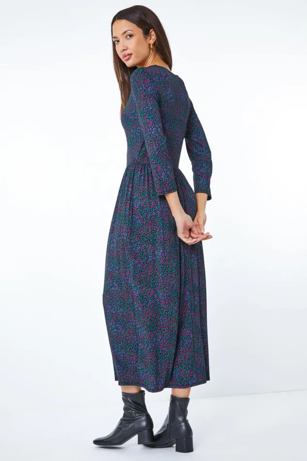 Purple Ditsy Floral Print Maxi Dress Women Roman Dresses