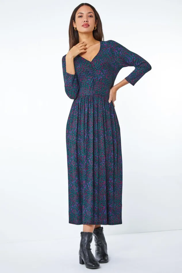 Purple Ditsy Floral Print Maxi Dress Women Roman Dresses