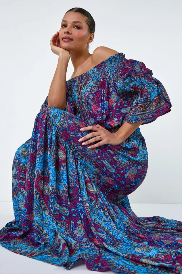 Purple Elastic Waist Paisley A Line Maxi Skirt Women Roman Skirts