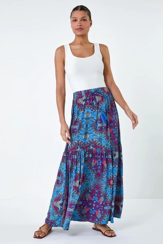 Purple Elastic Waist Paisley A Line Maxi Skirt Women Roman Skirts