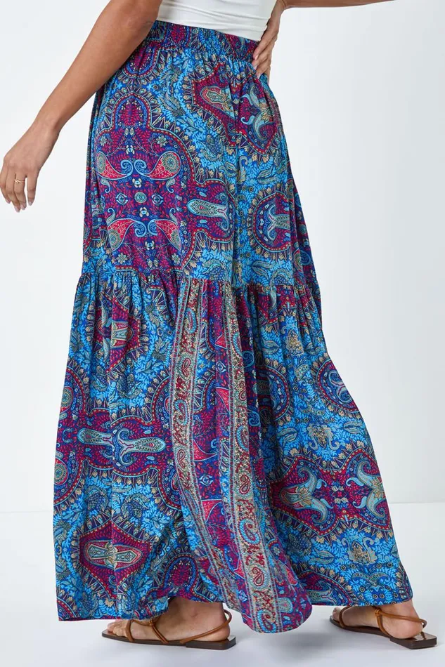 Purple Elastic Waist Paisley A Line Maxi Skirt Women Roman Skirts