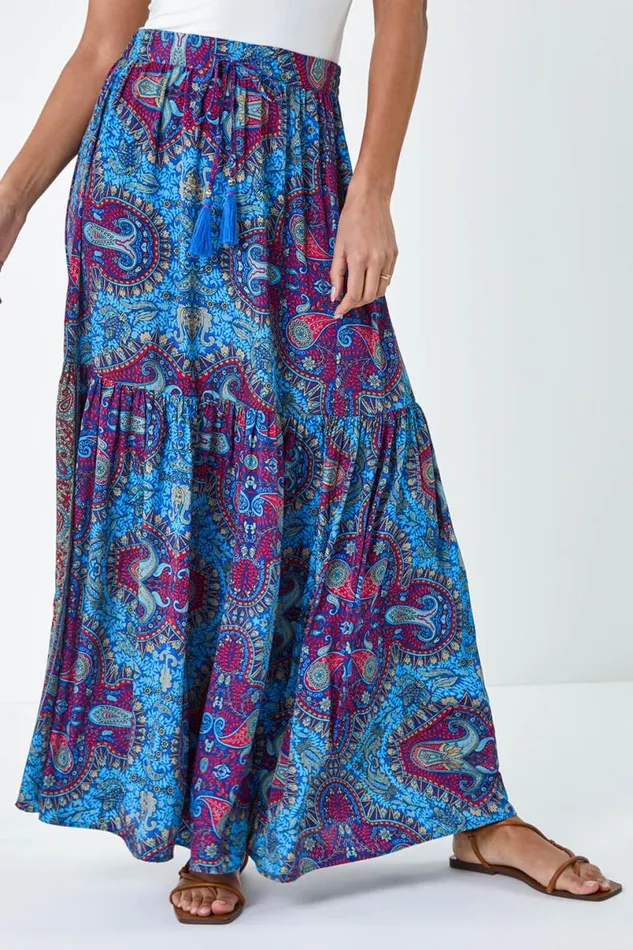 Purple Elastic Waist Paisley A Line Maxi Skirt Women Roman Skirts