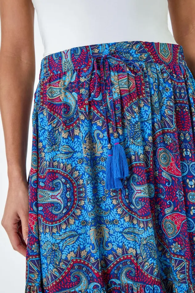Purple Elastic Waist Paisley A Line Maxi Skirt Women Roman Skirts