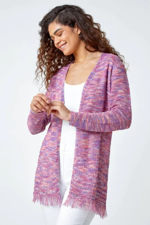 Purple Fringed Edge Longline Stripe Cardigan Women Roman Knitwear