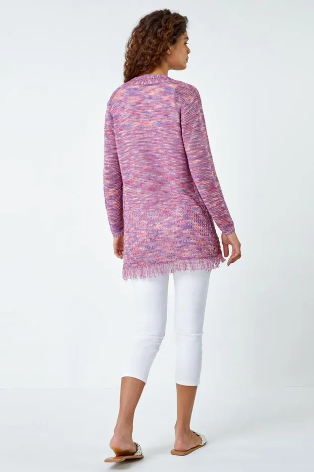 Purple Fringed Edge Longline Stripe Cardigan Women Roman Knitwear