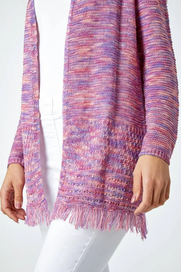 Purple Fringed Edge Longline Stripe Cardigan Women Roman Knitwear