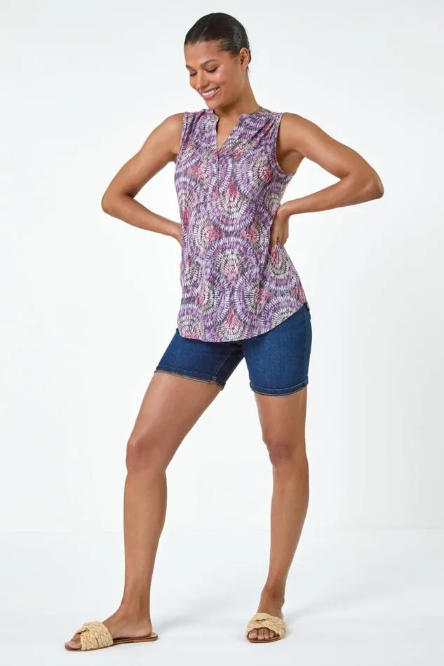 Purple Swirl Print Button Sleeveless Top Women Roman Tops