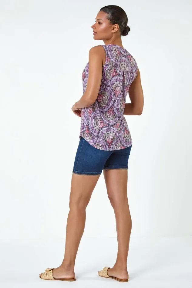 Purple Swirl Print Button Sleeveless Top Women Roman Tops
