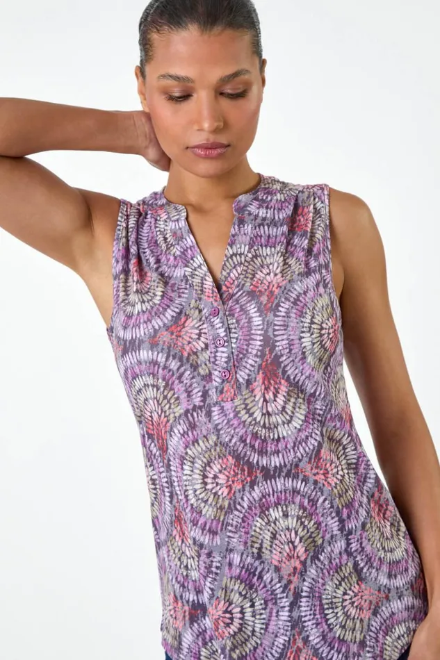 Purple Swirl Print Button Sleeveless Top Women Roman Tops