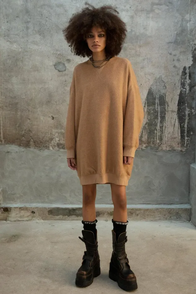 R13 Dresses Women Grunge Sweatshirt Dress 8211 Camel