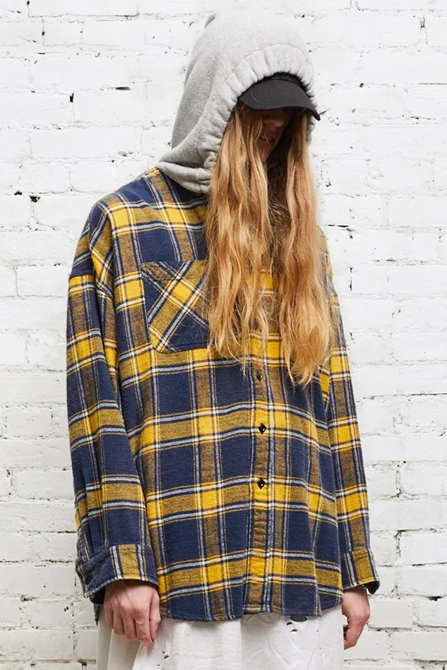 R13 Tops And Knitwear Men Hooded Oversized Shirt 8211 Yellow And Navy Plaid