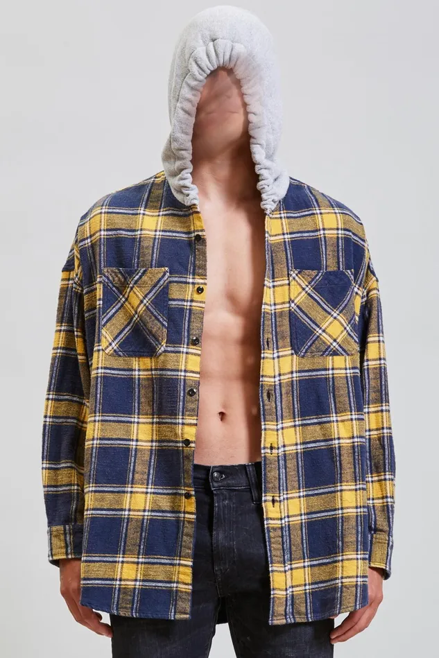 R13 Tops And Knitwear Men Hooded Oversized Shirt 8211 Yellow And Navy Plaid