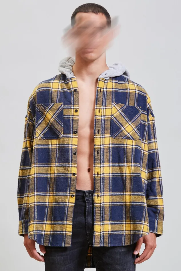 R13 Tops And Knitwear Men Hooded Oversized Shirt 8211 Yellow And Navy Plaid