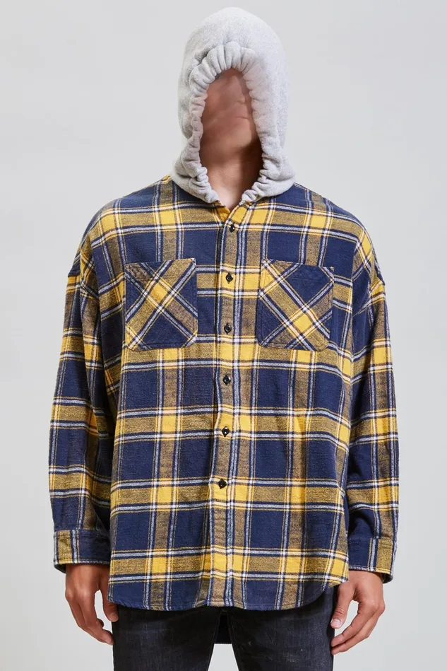 R13 Tops And Knitwear Men Hooded Oversized Shirt 8211 Yellow And Navy Plaid