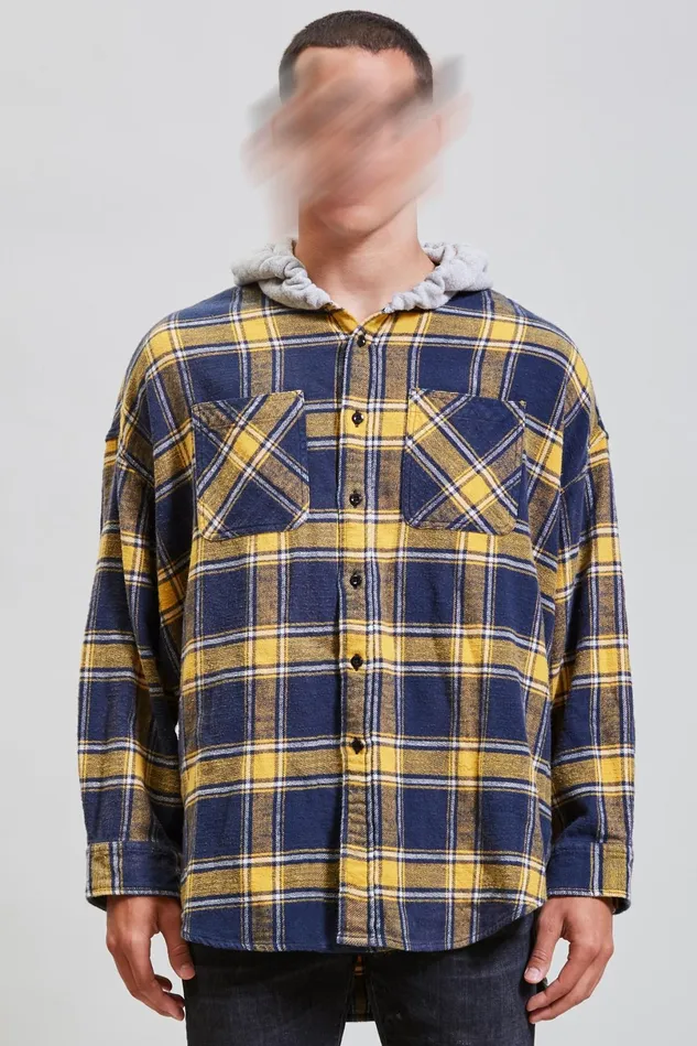 R13 Tops And Knitwear Men Hooded Oversized Shirt 8211 Yellow And Navy Plaid