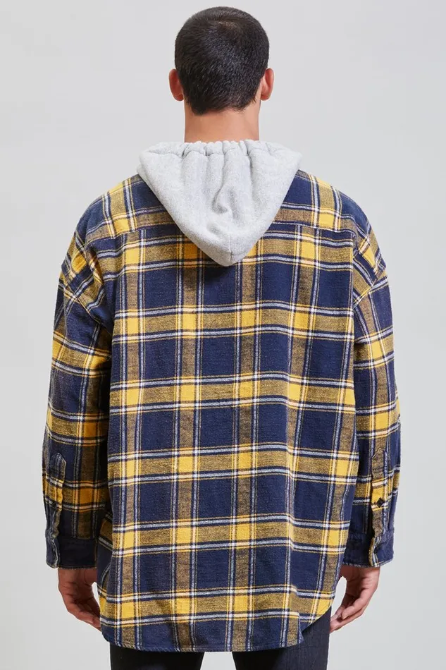 R13 Tops And Knitwear Men Hooded Oversized Shirt 8211 Yellow And Navy Plaid