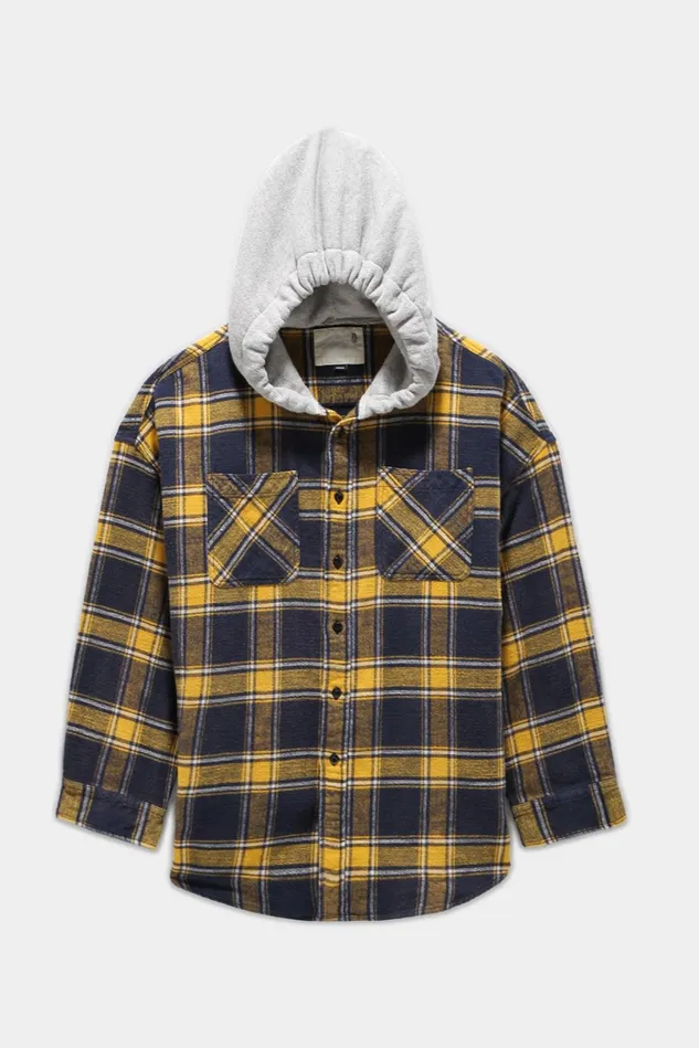 R13 Tops And Knitwear Men Hooded Oversized Shirt 8211 Yellow And Navy Plaid