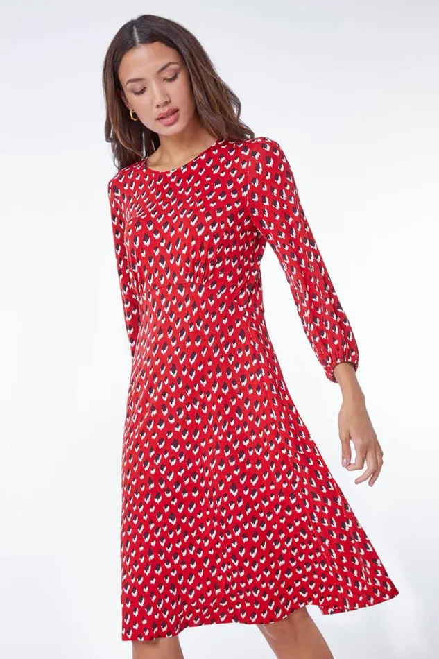 Red Abstract Animal Print Tea Dress Women Roman Dresses