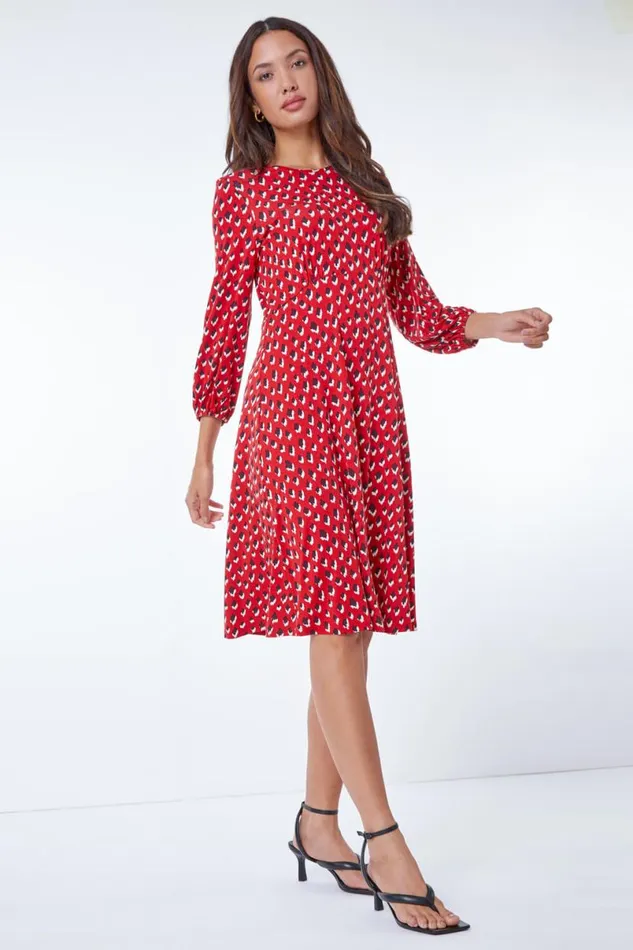 Red Abstract Animal Print Tea Dress Women Roman Dresses