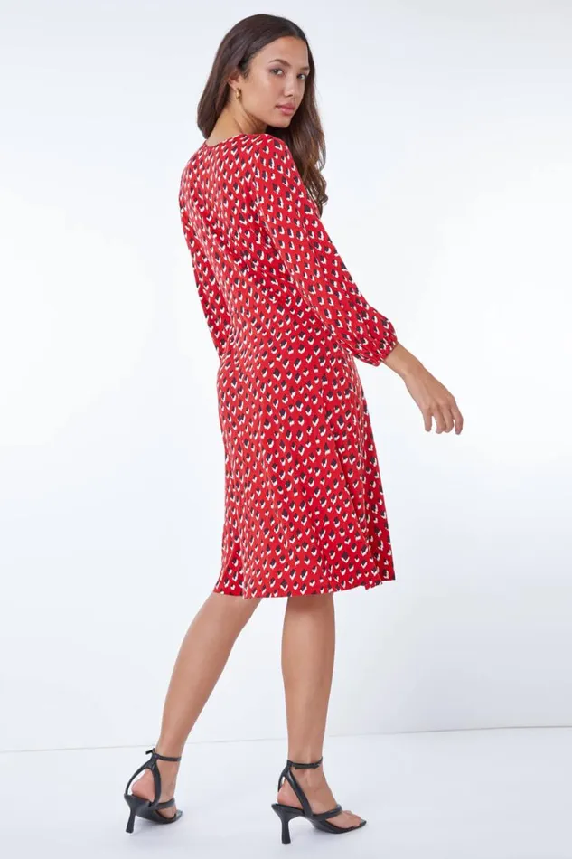 Red Abstract Animal Print Tea Dress Women Roman Dresses