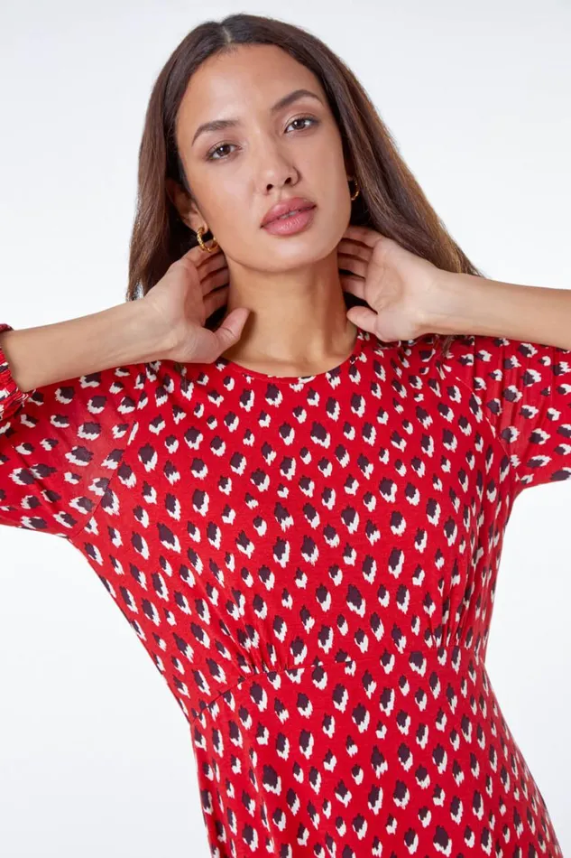 Red Abstract Animal Print Tea Dress Women Roman Dresses