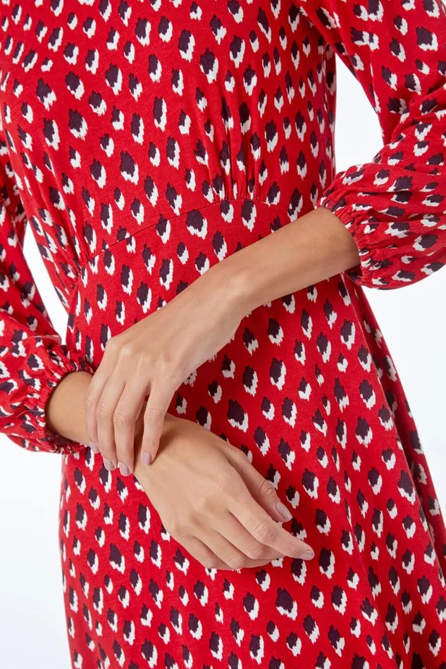 Red Abstract Animal Print Tea Dress Women Roman Dresses