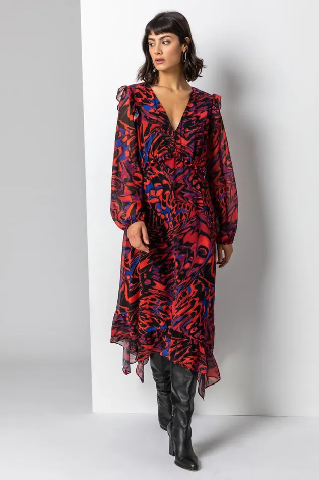 Red Abstract Butterfly Chiffon Midi Dress Women Roman Dresses