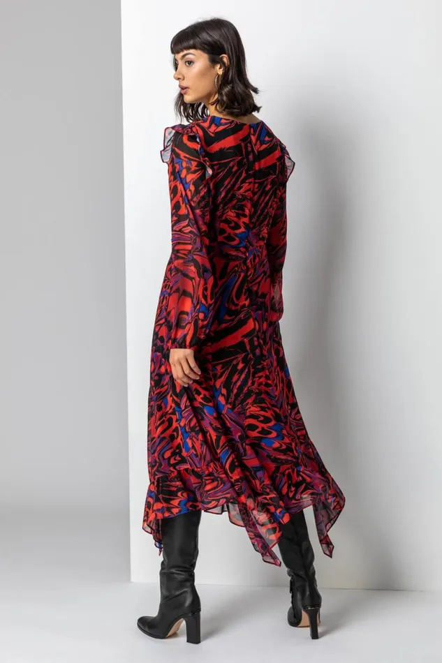 Red Abstract Butterfly Chiffon Midi Dress Women Roman Dresses