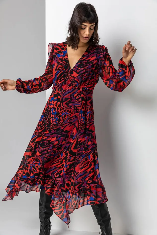 Red Abstract Butterfly Chiffon Midi Dress Women Roman Dresses