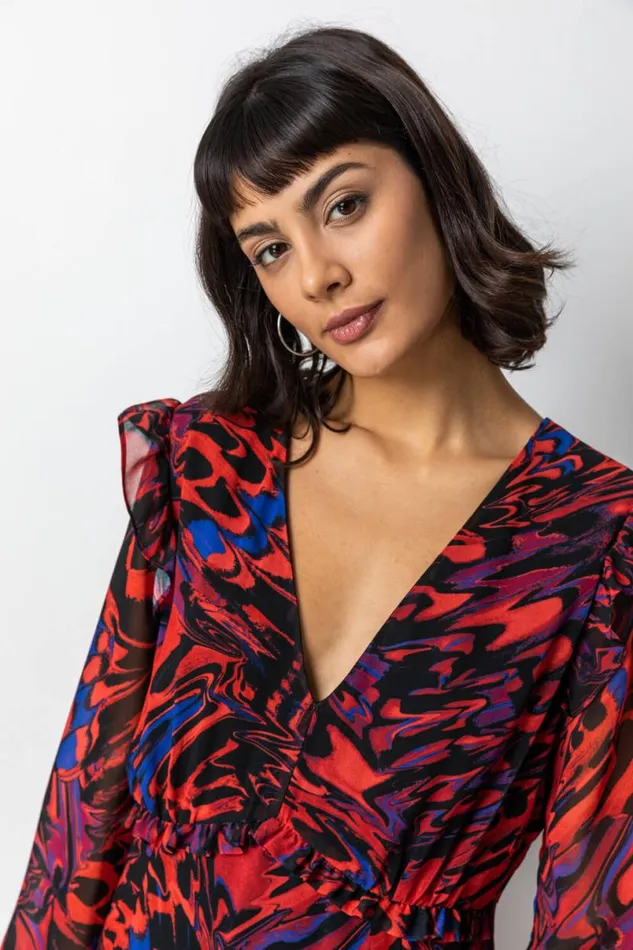 Red Abstract Butterfly Chiffon Midi Dress Women Roman Dresses