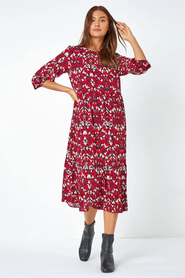 Red Abstract Print Tiered Smock Midi Dress Women Roman Dresses