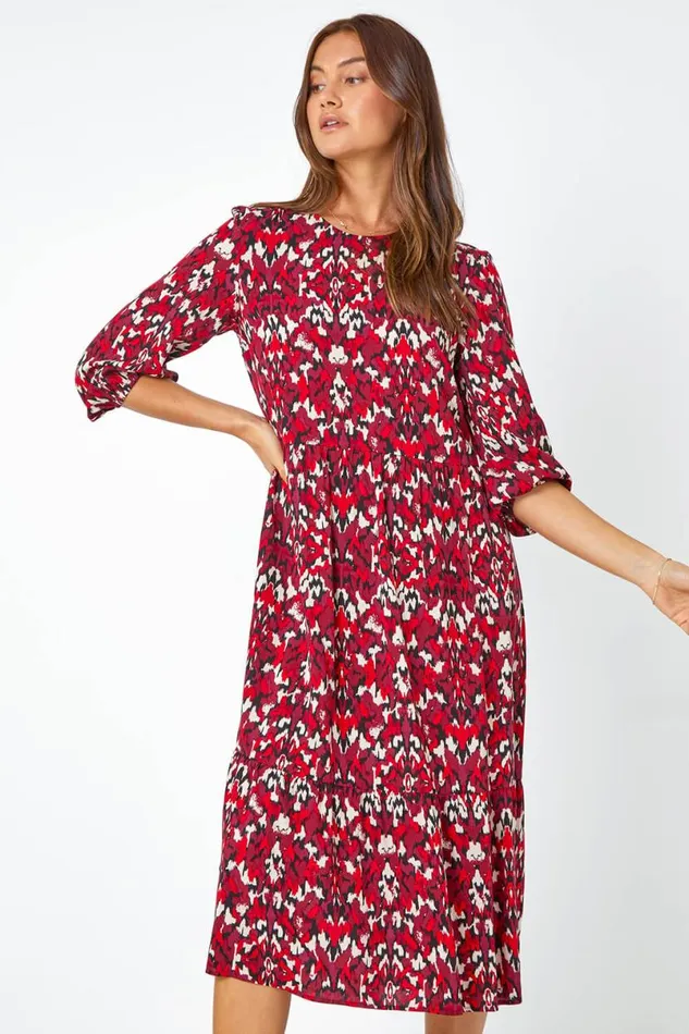 Red Abstract Print Tiered Smock Midi Dress Women Roman Dresses