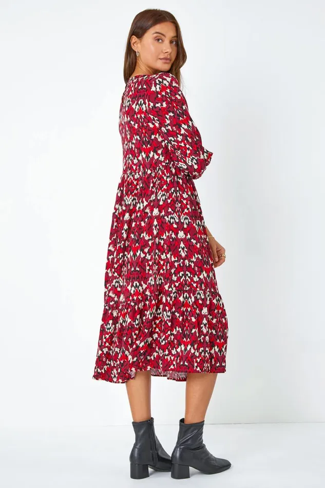 Red Abstract Print Tiered Smock Midi Dress Women Roman Dresses
