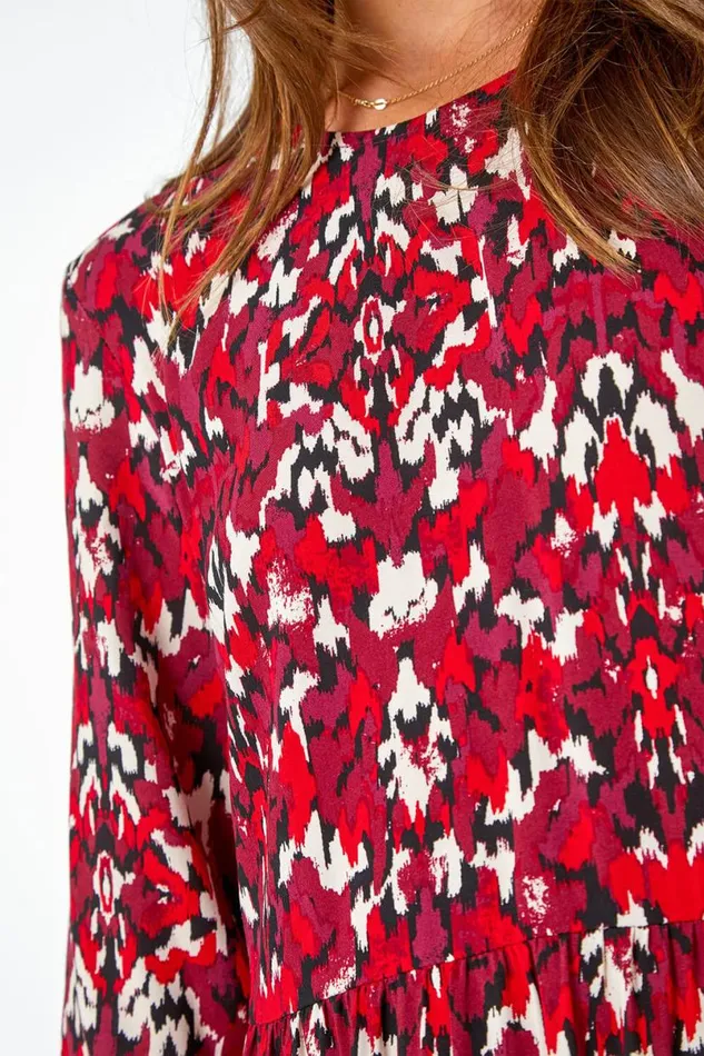 Red Abstract Print Tiered Smock Midi Dress Women Roman Dresses