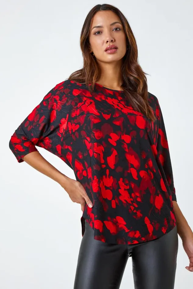 Red Abstract Raglan Sleeve Stretch Top Women Roman Tops