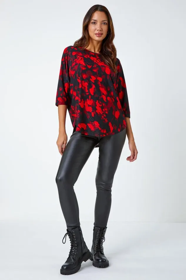 Red Abstract Raglan Sleeve Stretch Top Women Roman Tops