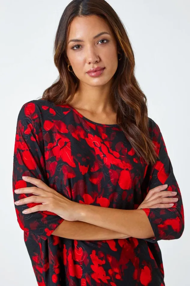 Red Abstract Raglan Sleeve Stretch Top Women Roman Tops