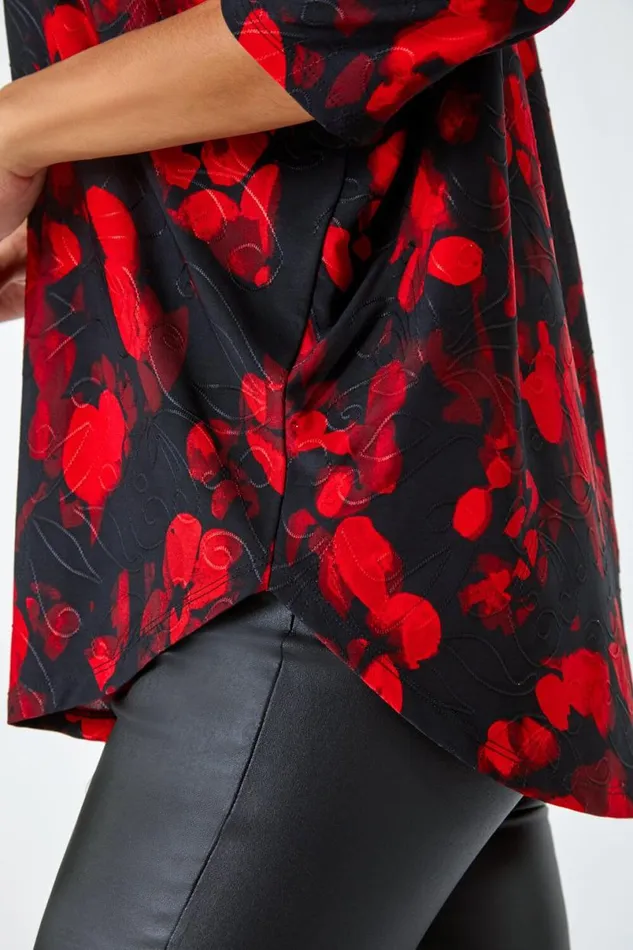 Red Abstract Raglan Sleeve Stretch Top Women Roman Tops