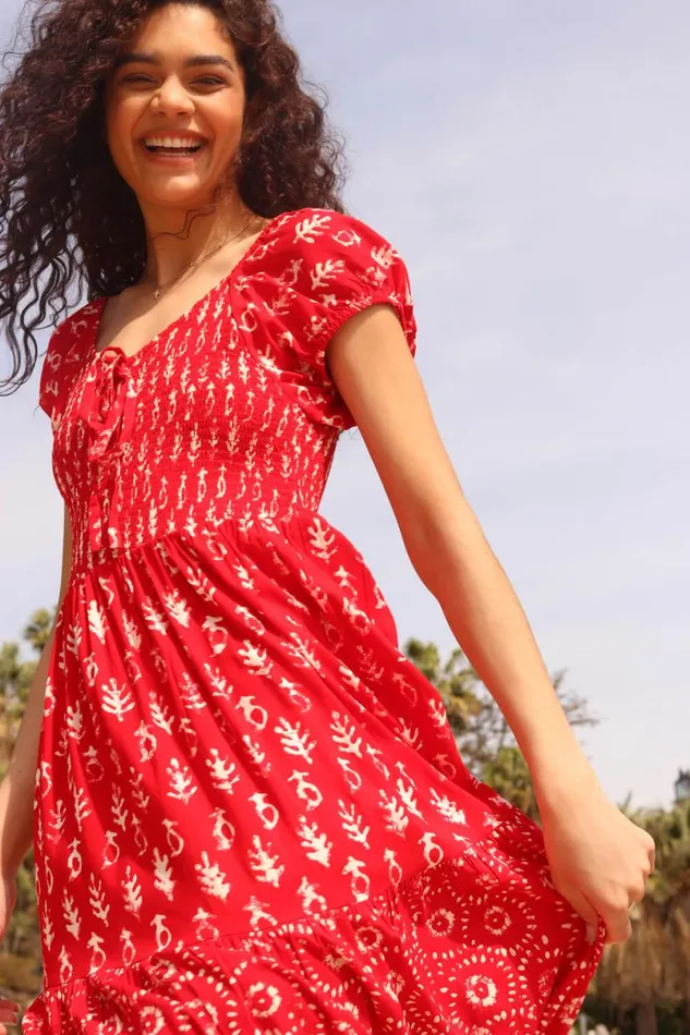 Red Boho Print Tiered Maxi Dress Women Roman Dresses